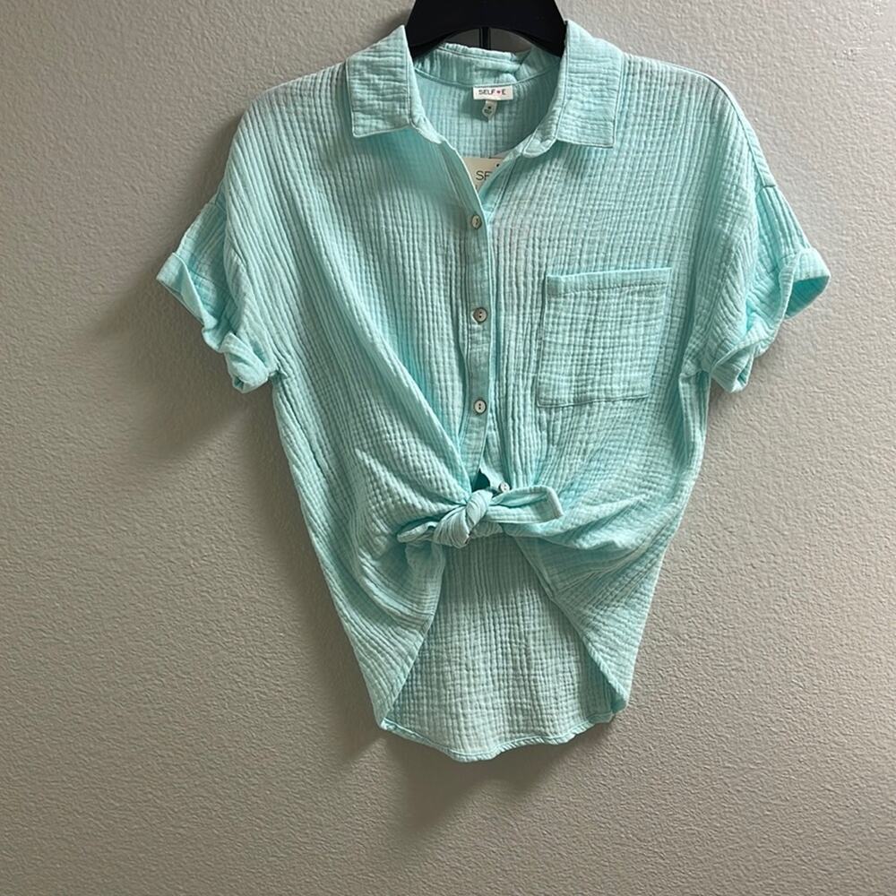 H). Self Esteem Button Down Shirt Short Roll Up Sleeve Teal Blue Medium